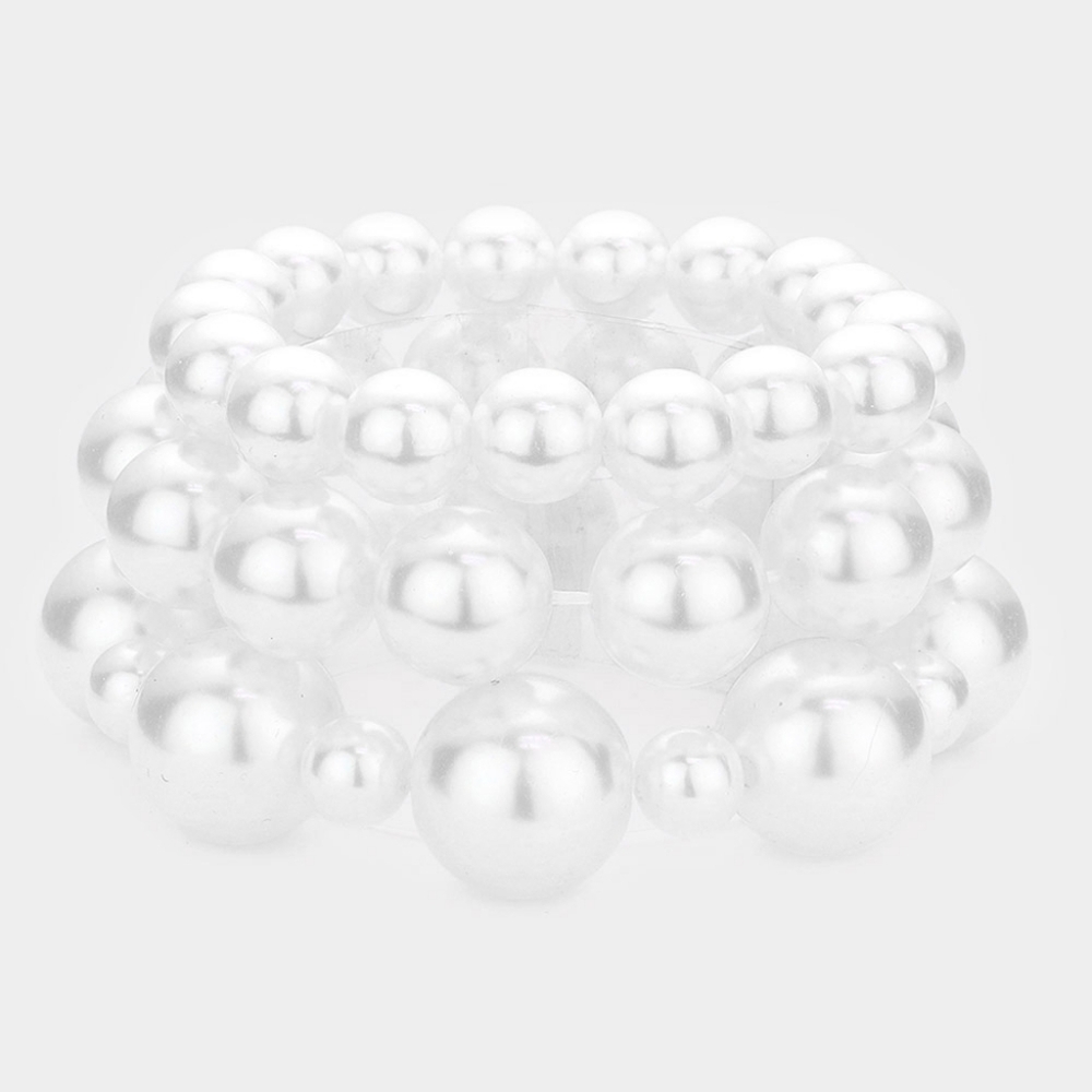 White Pearl Strand 3 pcs Stacked Stretch Bracelets Statement Accessory